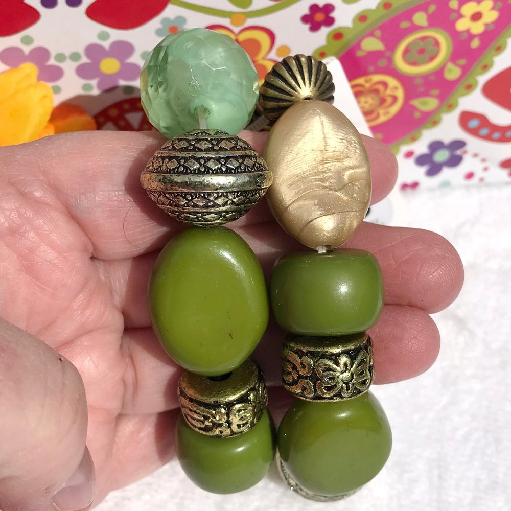 Mixed Boho Bead Stretch Bracelets Olive & Goldtone - Picture 2 of 6